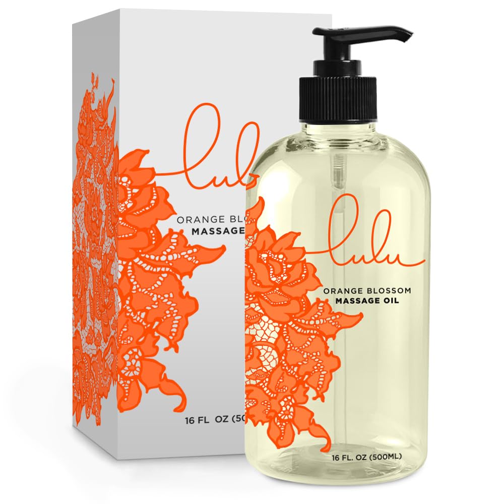 Lulu Lube orange blossom massage oil bottle with pump for easy application.