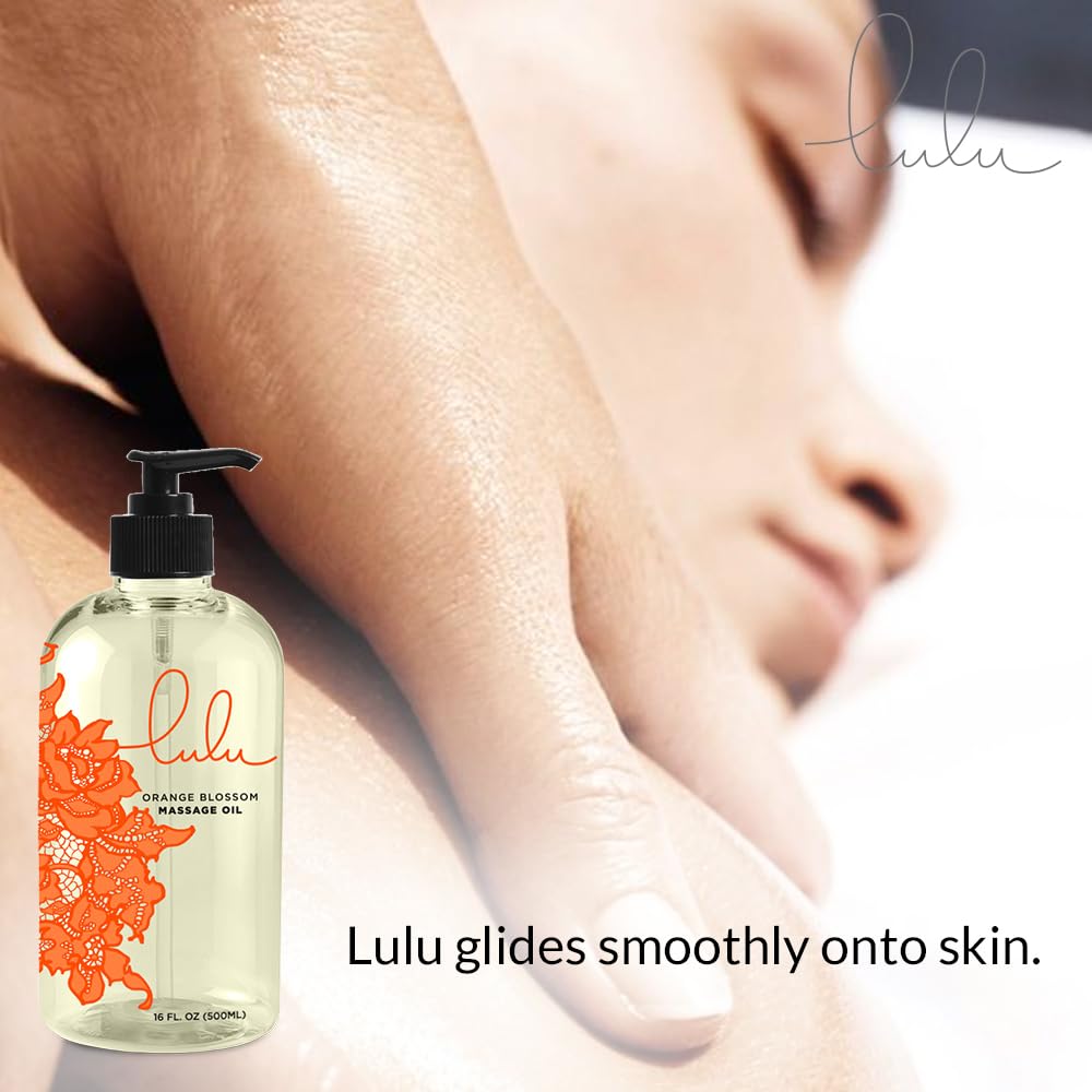 Pouring Lulu Lube orange blossom massage oil for a relaxing self-massage.