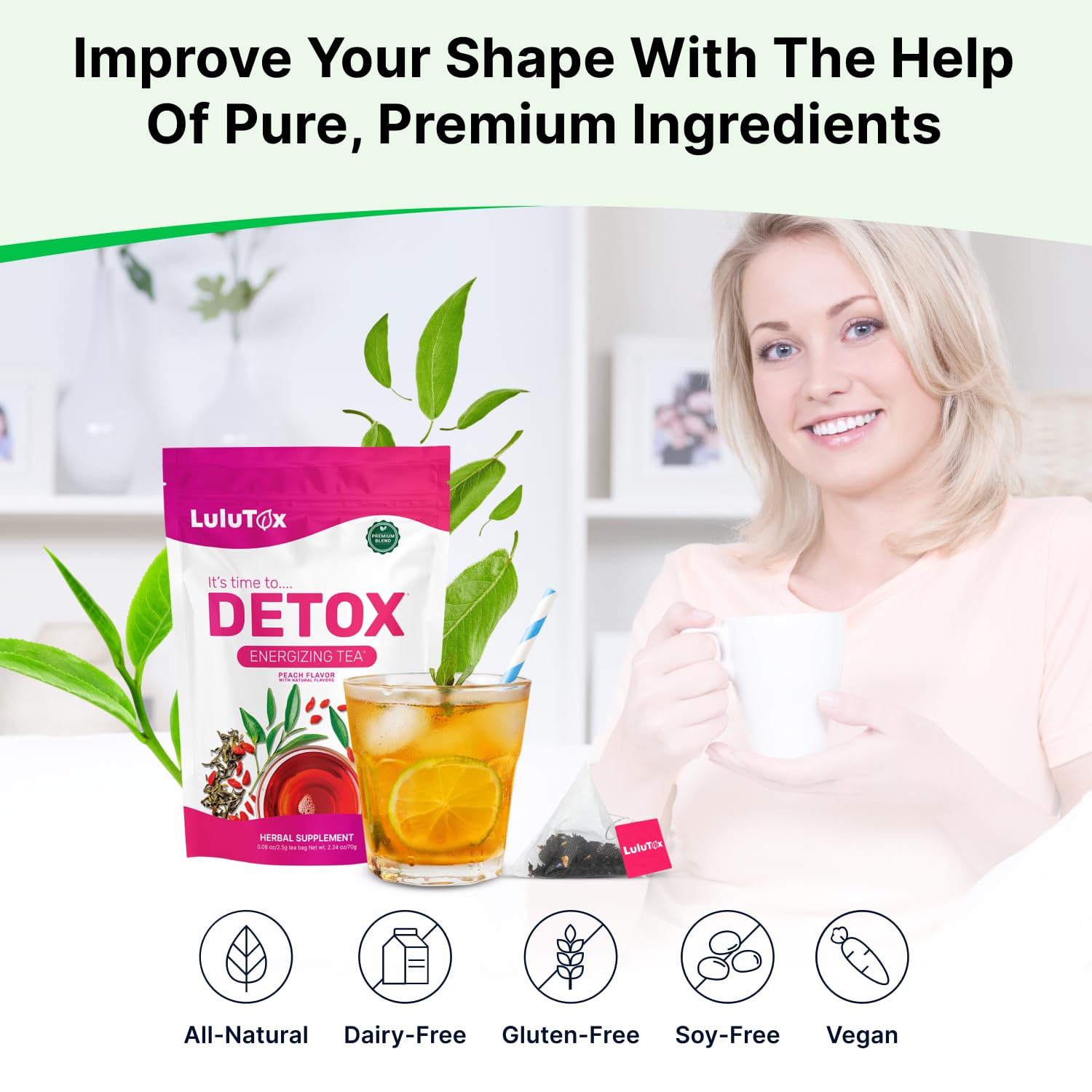 LULUTOX Detox Tea bottle pour highlighting laxative-free daily balance