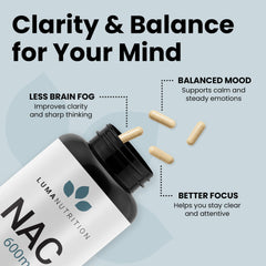 Luma NAC 600mg pour with capsules flowing for daily routine.