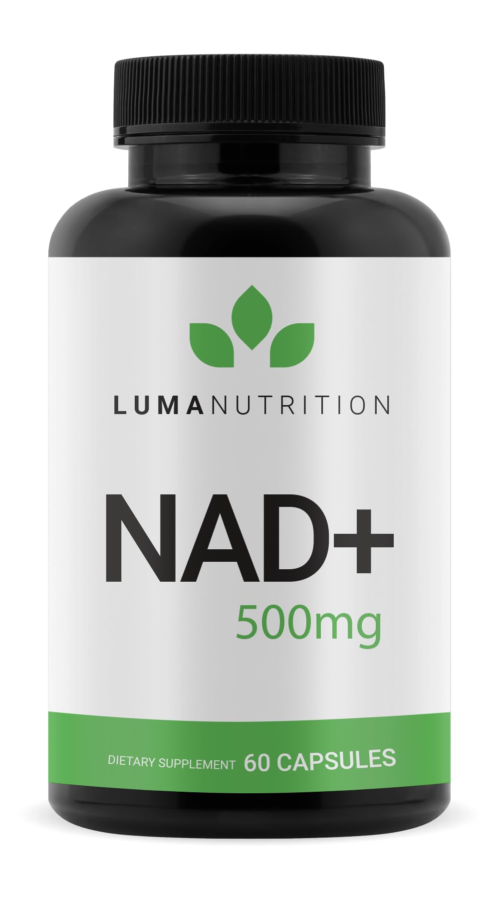 Luma Nutrition NAD+ 1000mg bottle front shows a clean label and premium formula for daily vitality.