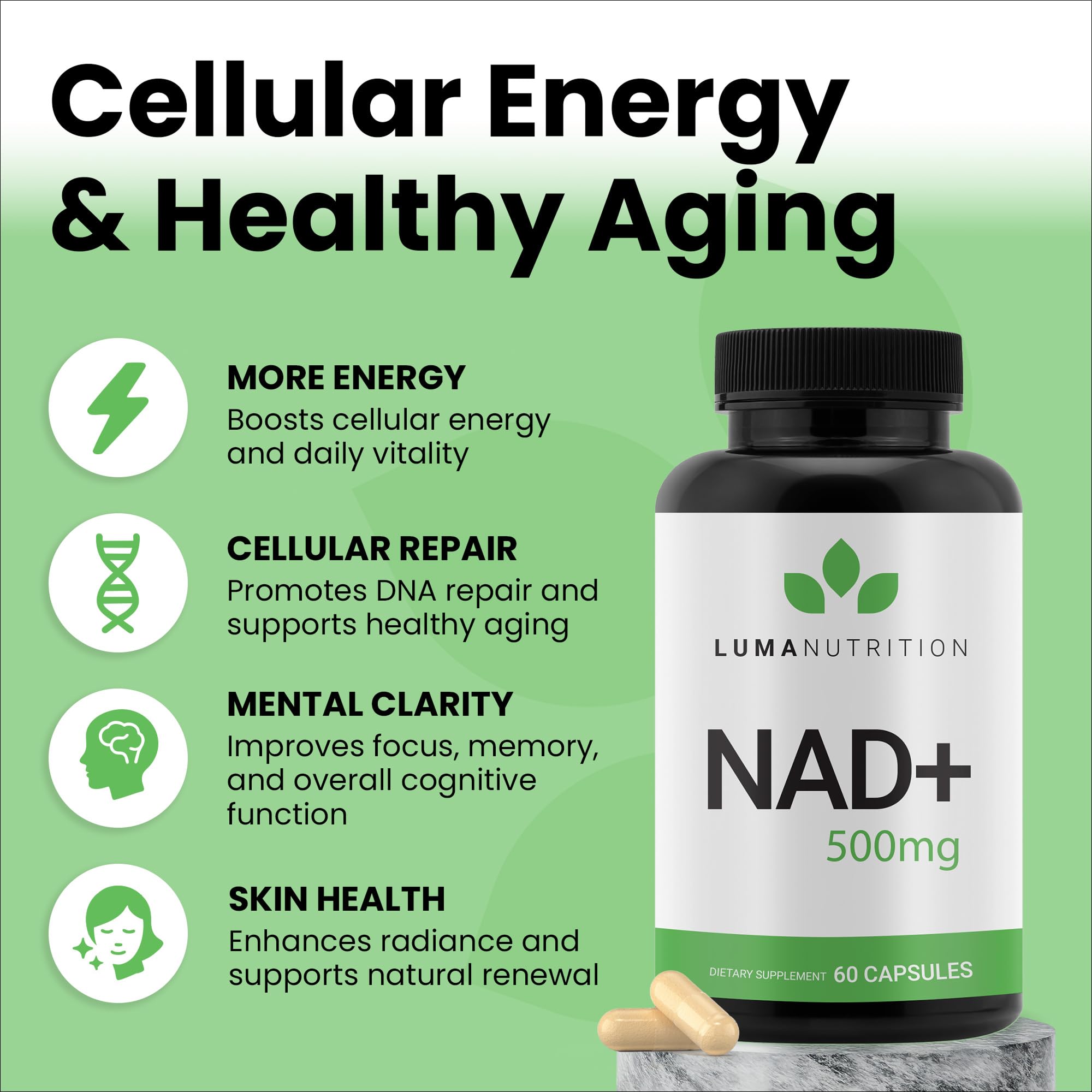 Luma Nutrition NAD+ 1000mg capsules pack demonstrates convenient daily dose for energy support.