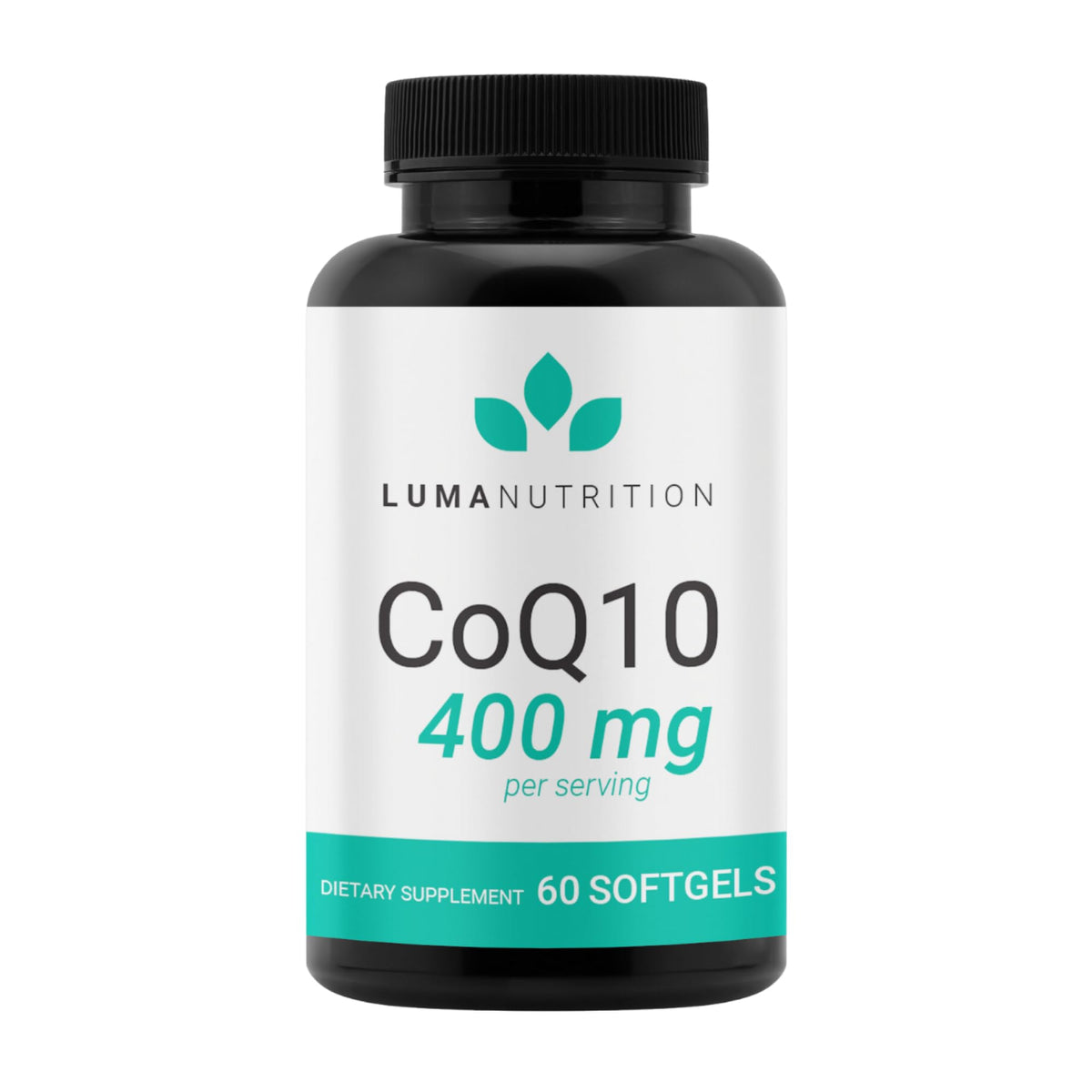 Luma Nutrition CoQ10 bottle shows high-absorption softgels for daily energy support.