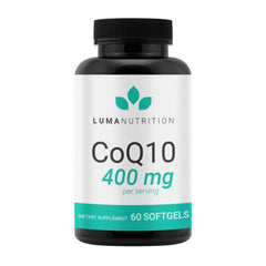 Luma Nutrition CoQ10 bottle shows high-absorption softgels for daily energy support.
