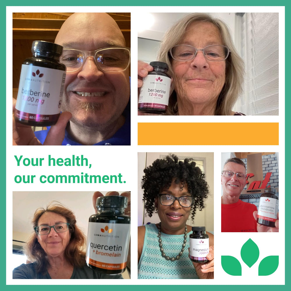 Luma Nutrition CoQ10 heart-health lifestyle shot with supplements and water.