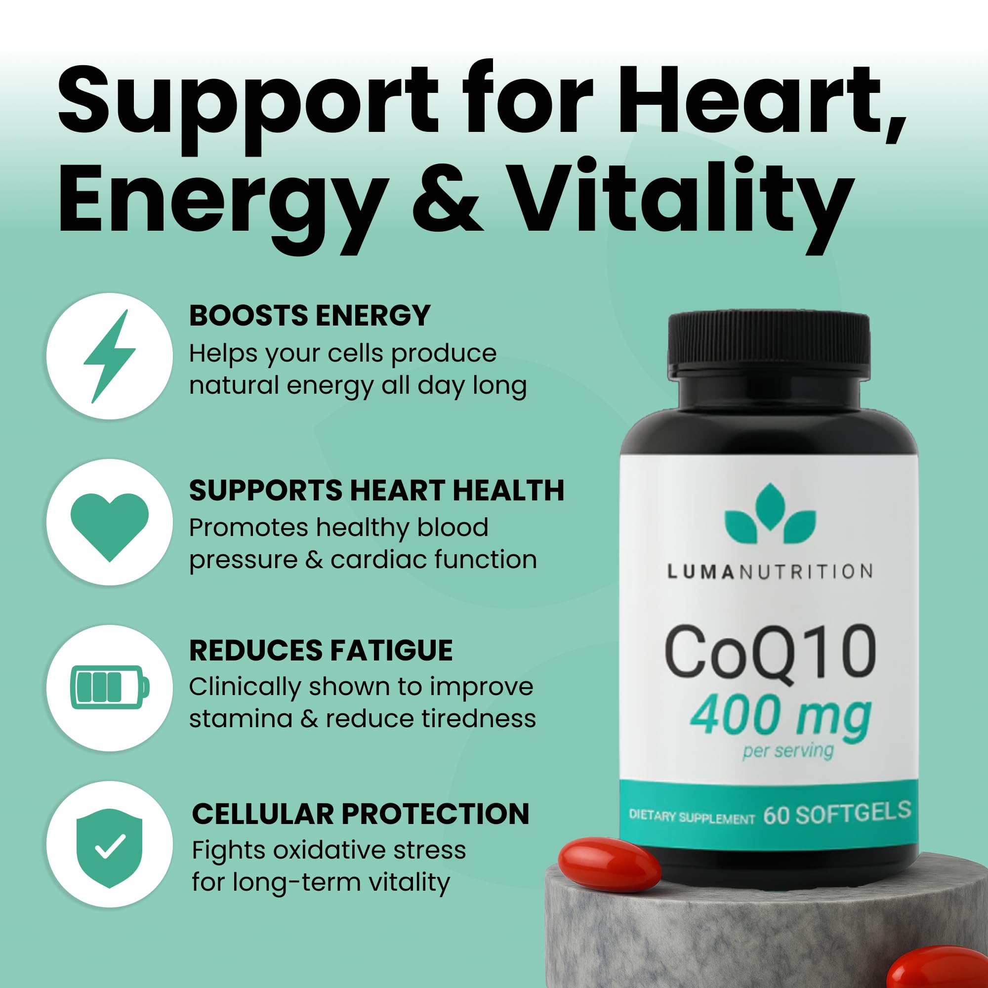 Luma Nutrition CoQ10 softgels close-up highlighting 400 mg per serving.