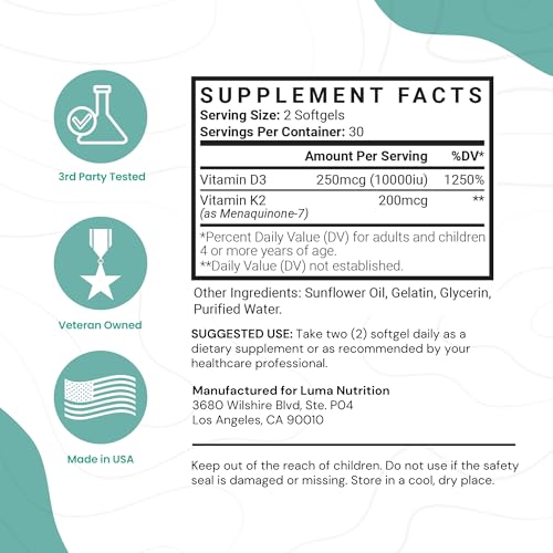 Back of Luma Nutrition D3 + K2 bottle detailing dosage and quality