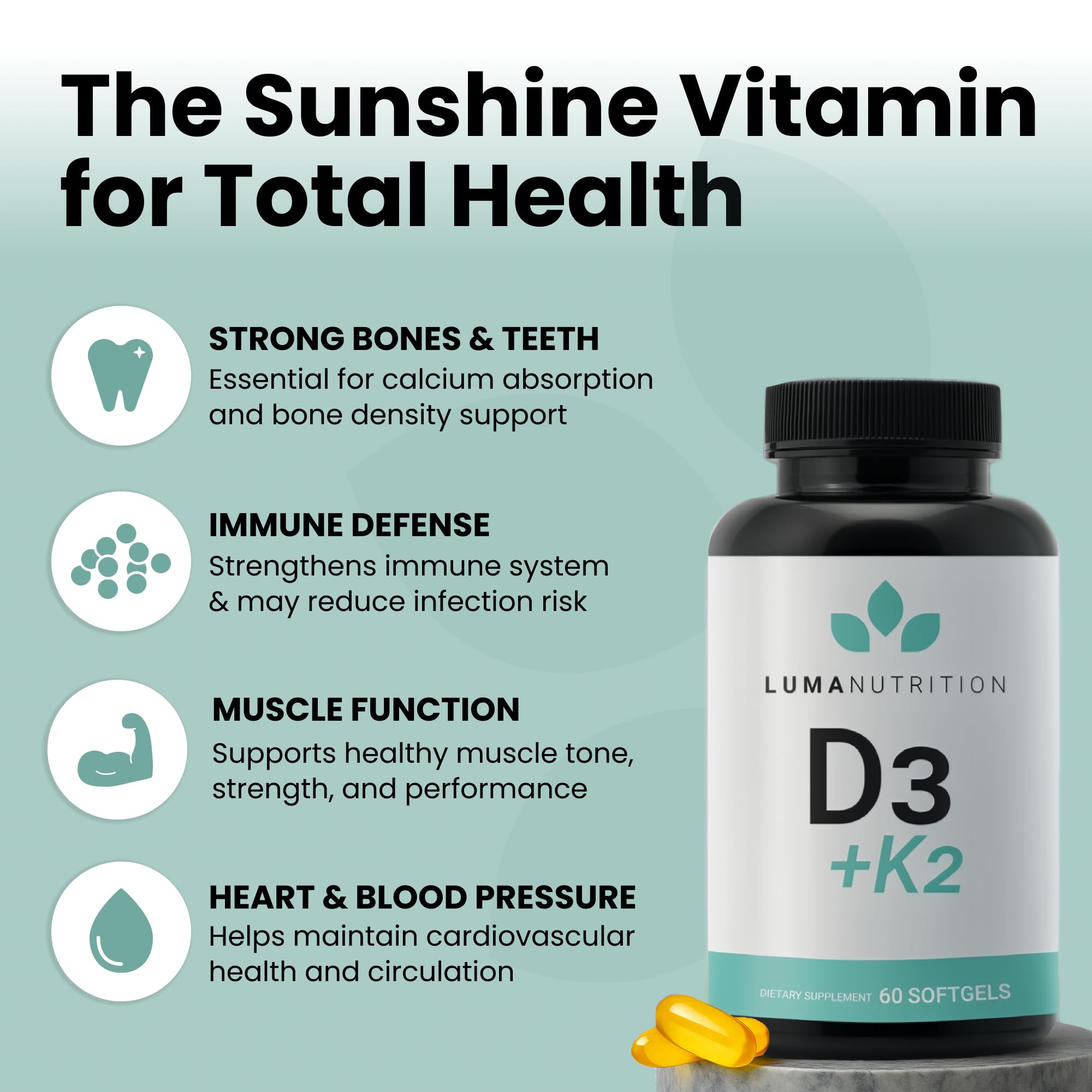 Close-up of Luma Nutrition D3 + K2 softgels for immune support