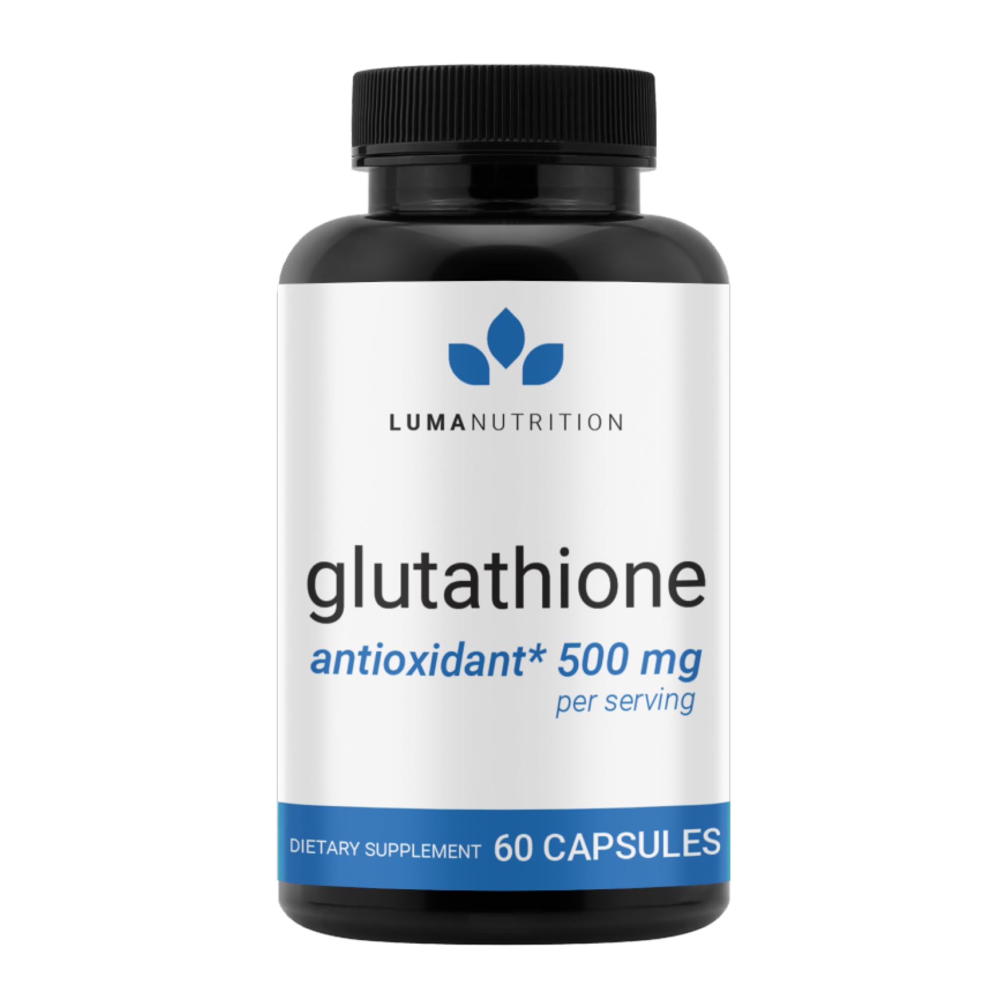 Luma Nutrition Premium Glutathione bottle front shows sleek label and trusted antioxidant support.