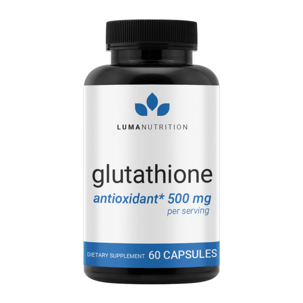 Luma Nutrition Premium Glutathione bottle front shows sleek label and trusted antioxidant support.