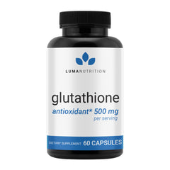 Luma Nutrition Premium Glutathione bottle front shows sleek label and trusted antioxidant support.