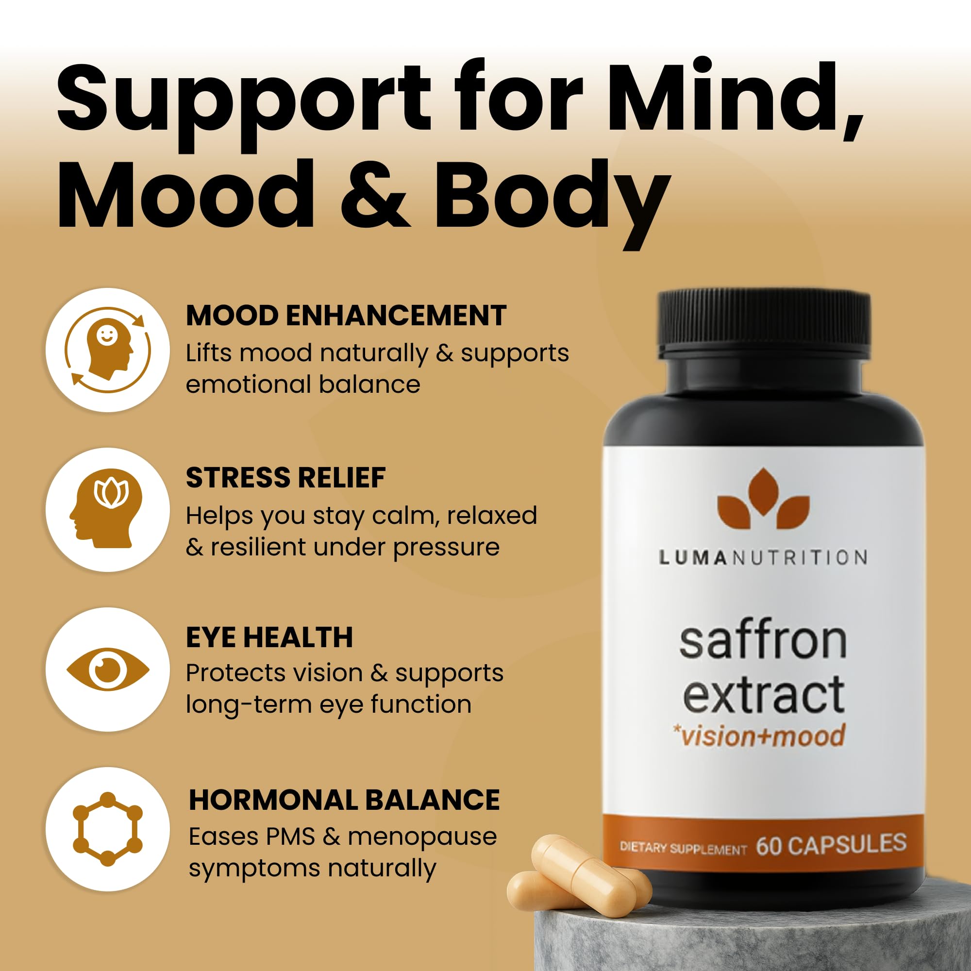 Close-up of Luma saffron capsules highlighting pure extract for brain energy
