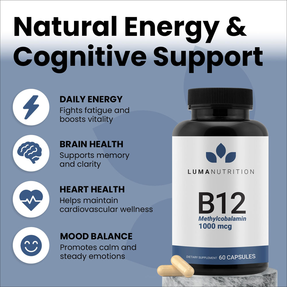Luma Nutrition Vitamin B12 1000 mcg bottle, premium vegan capsules for everyday vitality.