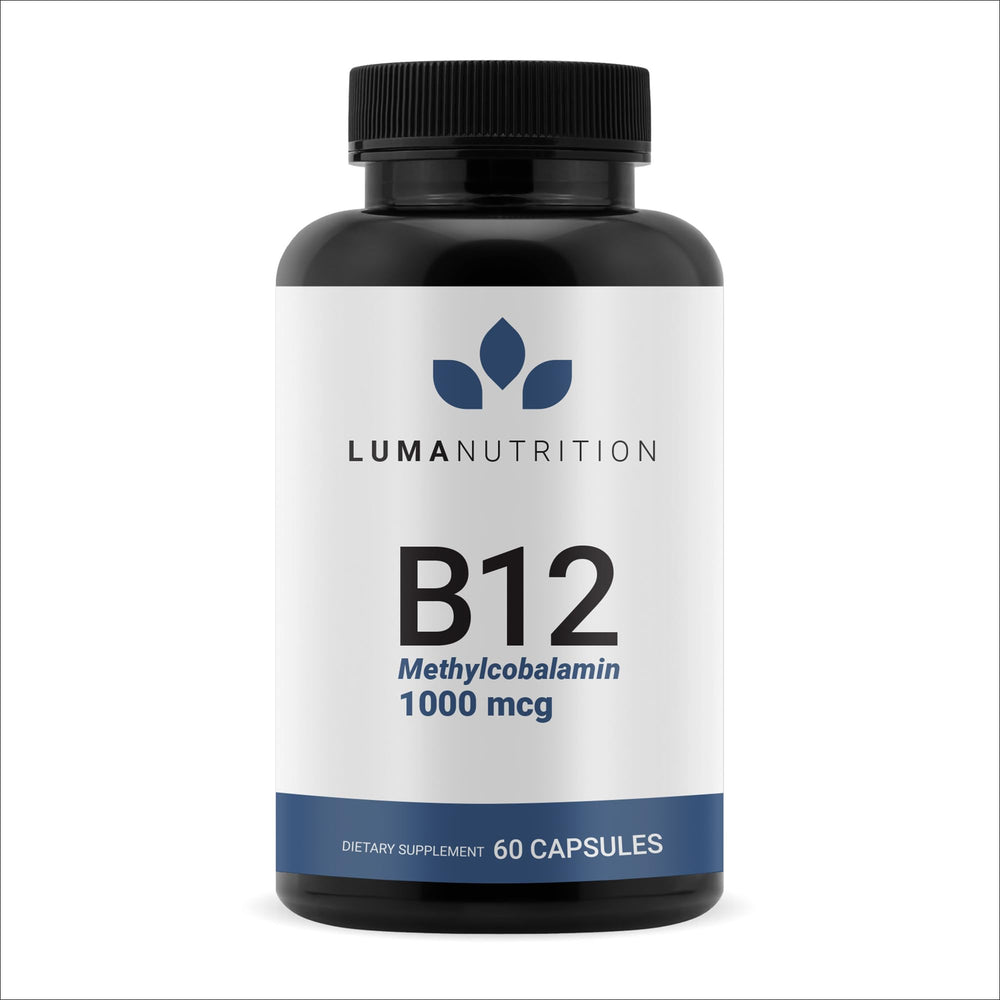 Luma Nutrition Vitamin B12 1000 mcg capsules, bottle-cap close-up, supports energy and metabolism.