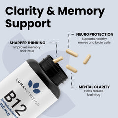 Luma Nutrition Vitamin B12 vegan symbol with clean design for vegan daily wellness.