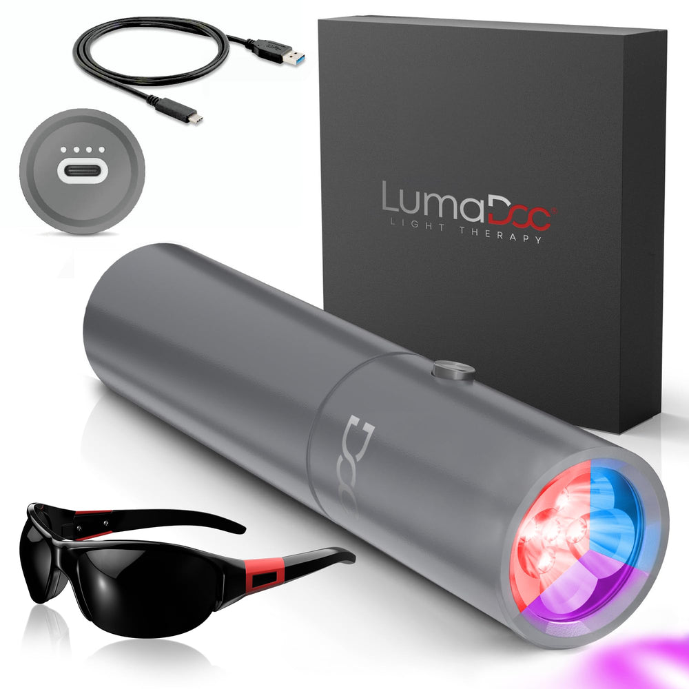 LumaDoc red light torch illuminating a body area for targeted treatment and warmth