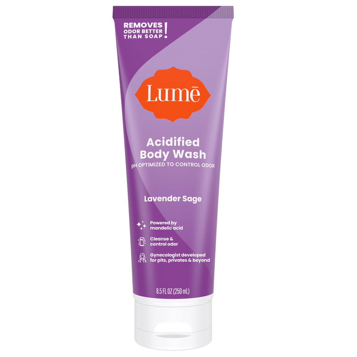 Lume Acidified Body Wash bottle front shows daily odor control and moisturizer.