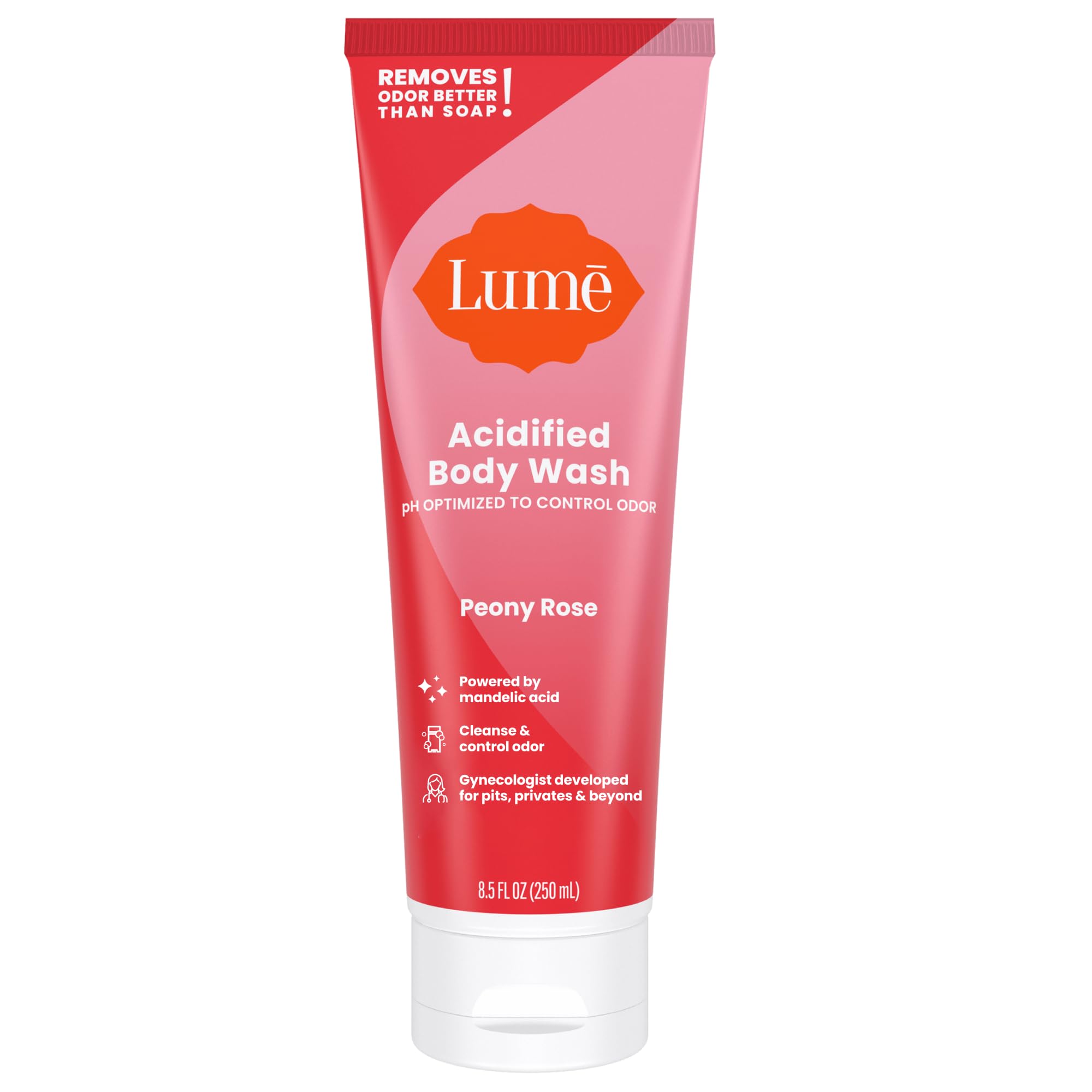 Lume Acidified Body Wash bottle pour showing 24-hour odor control after shower