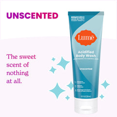 Lume Acidified Body Wash closeup cap shows unscented formula for fragrance-free routines.
