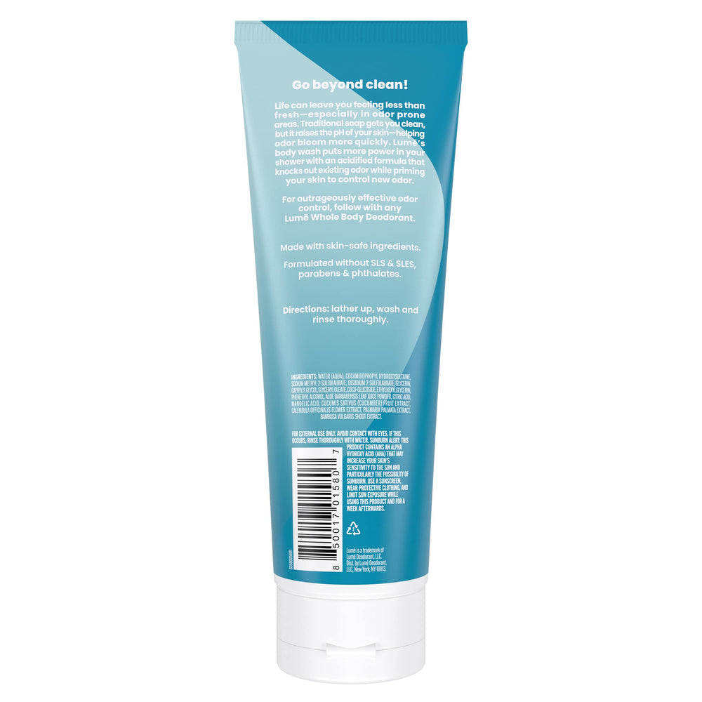 Lume Acidified Body Wash creamy lather demonstrates gentle cleansing and odor management.