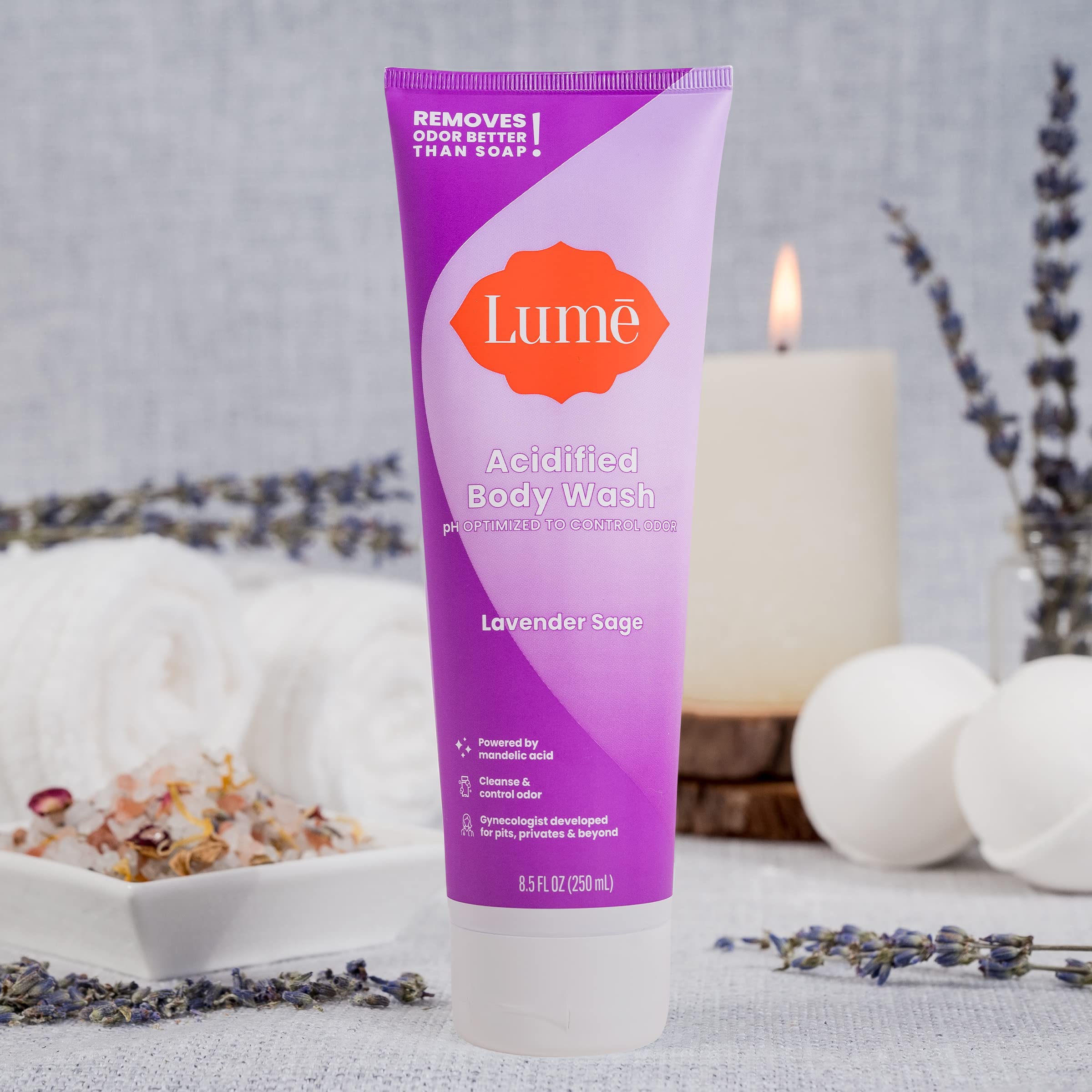 Lume Acidified Body Wash foamy-lather showcases rich cleansing for odor-prone areas.