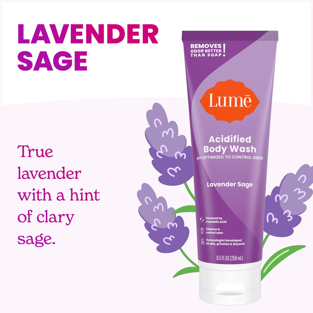 Lume Acidified Body Wash label closeup features lavender-sage scent and SLS-free formula.