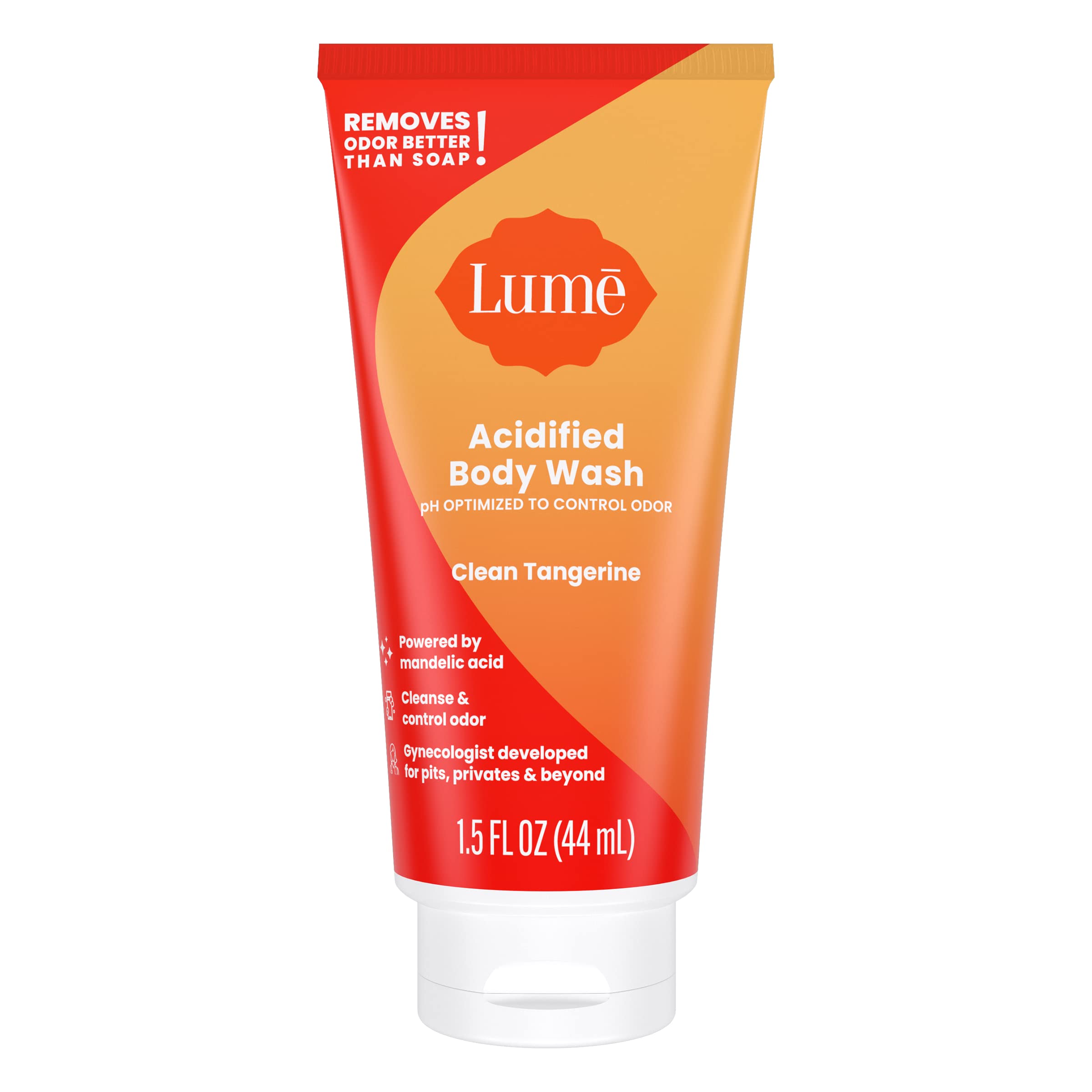 Lume acidified body wash bottle close-up shows premium texture and easy pour.
