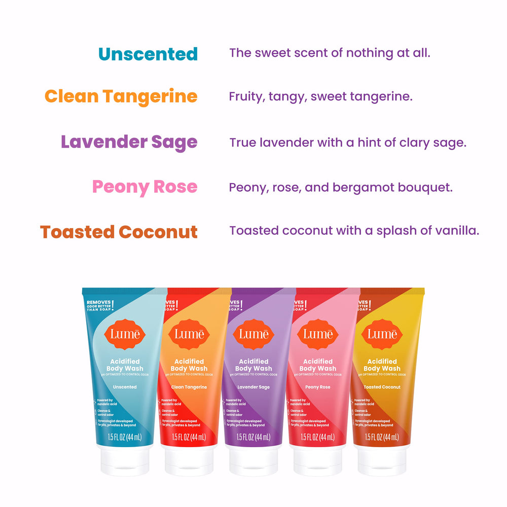 Lume acidified body wash mini Lavender Sage tube promotes long-lasting scent.