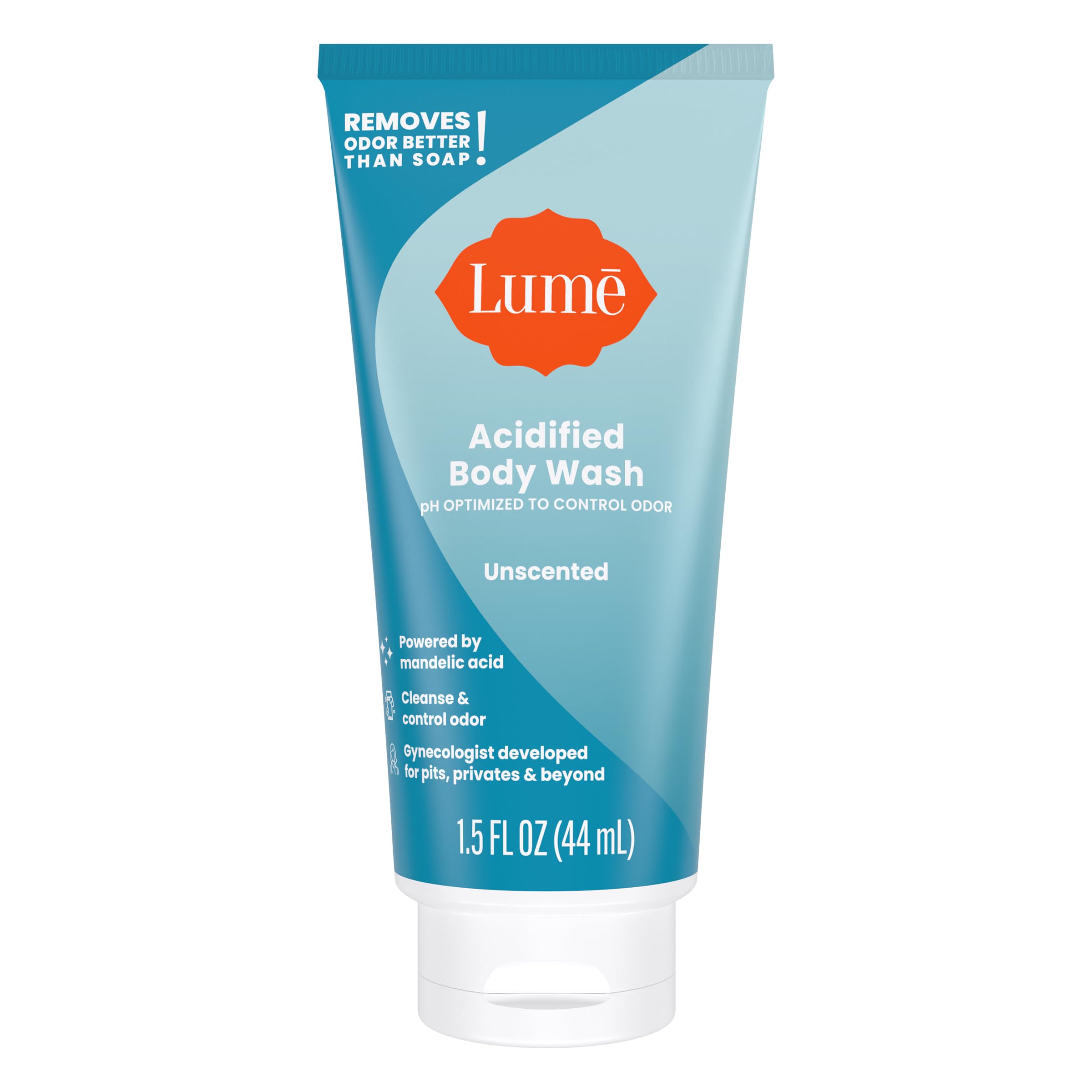 Lume acidified body wash mini Unscented tube provides versatile freshness.