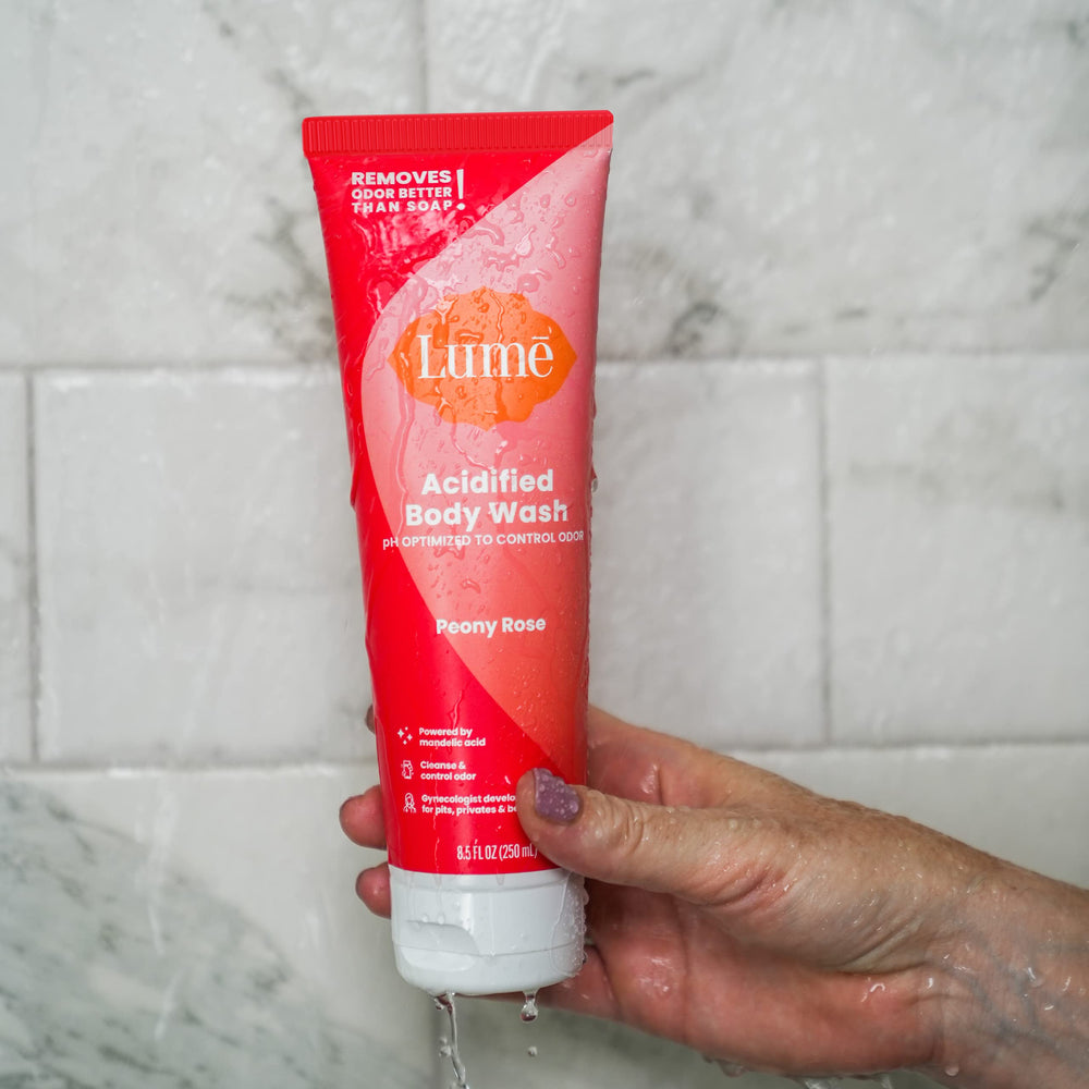 Lume Acidified Body Wash peony-rose fragrance scent note and bottle