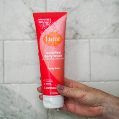 Lume Acidified Body Wash peony-rose fragrance scent note and bottle