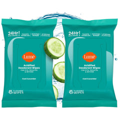 Lume Acidified Deodorant Wipes with cool cucumber in a rectangular pack for convenient odor control.