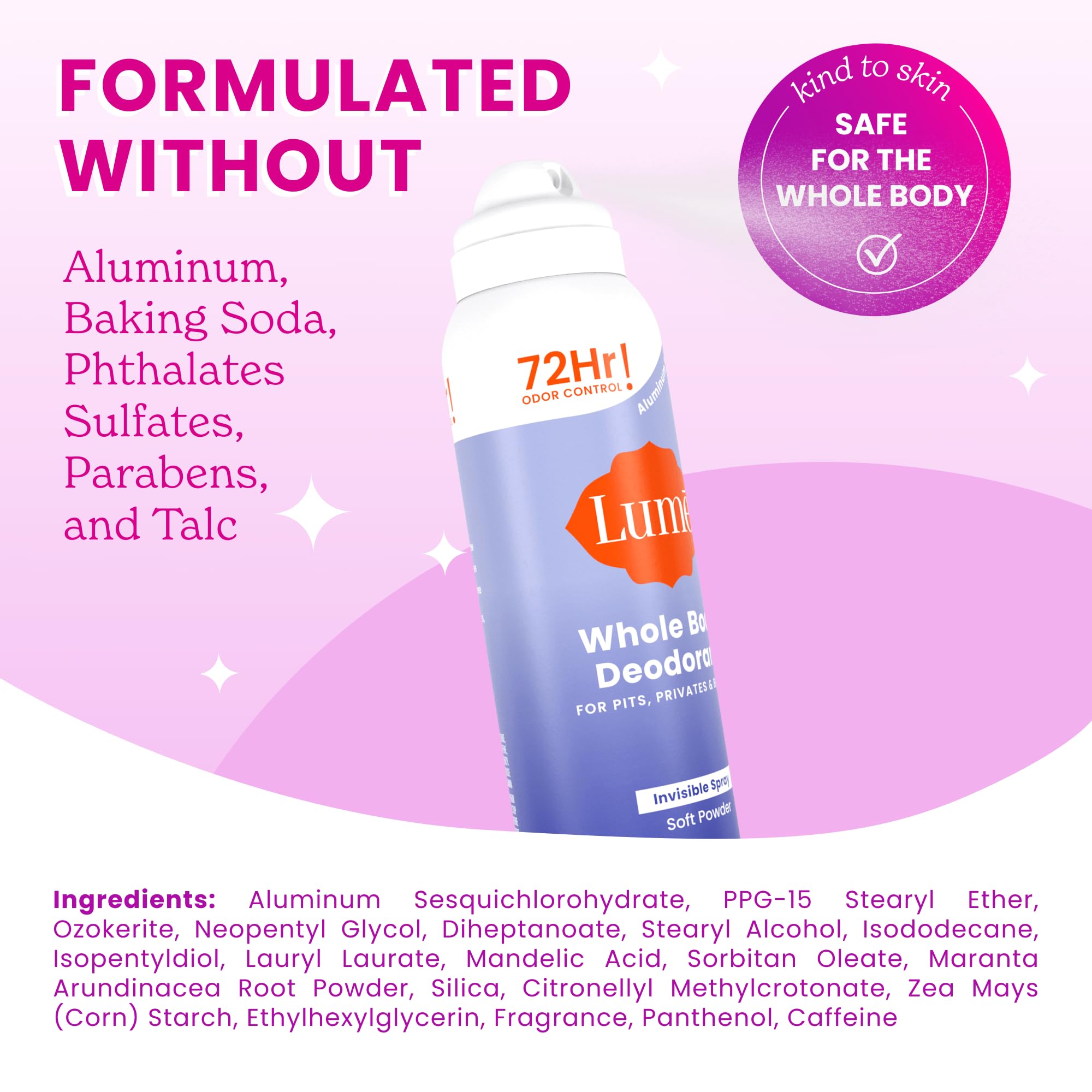 Lume Invisible Spray Deodorant on dry skin promotes effective odor prevention without irritation.