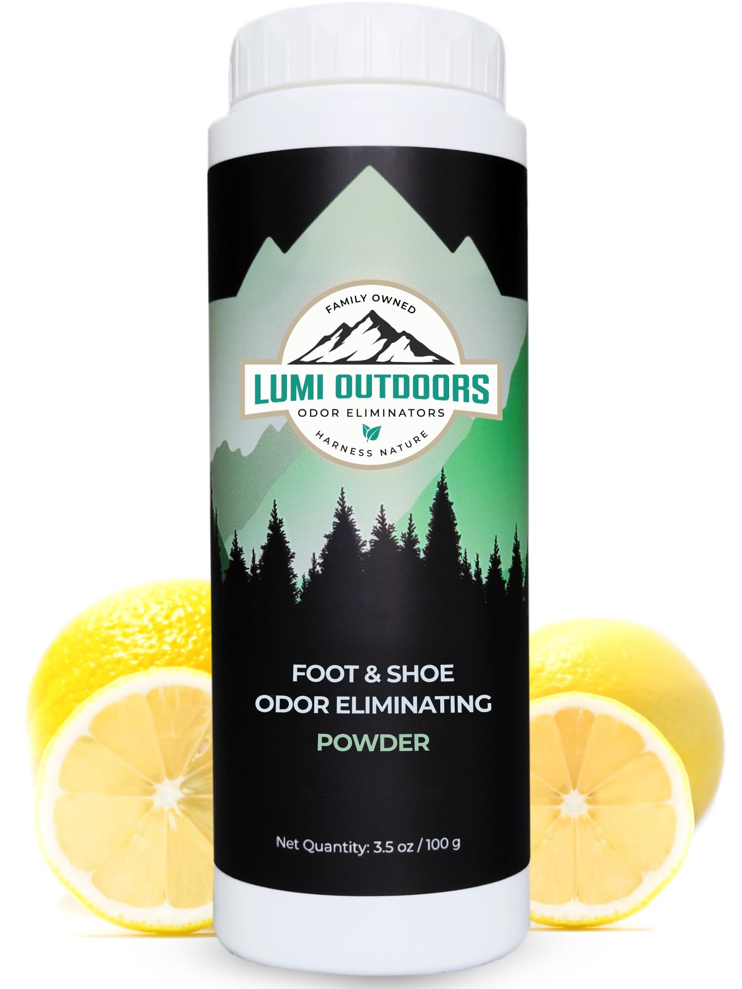 Lumi Outdoors foot powder deodorizer bottle demonstrates talc-free odor control.