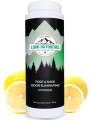 Lumi Outdoors foot powder deodorizer bottle demonstrates talc-free odor control.