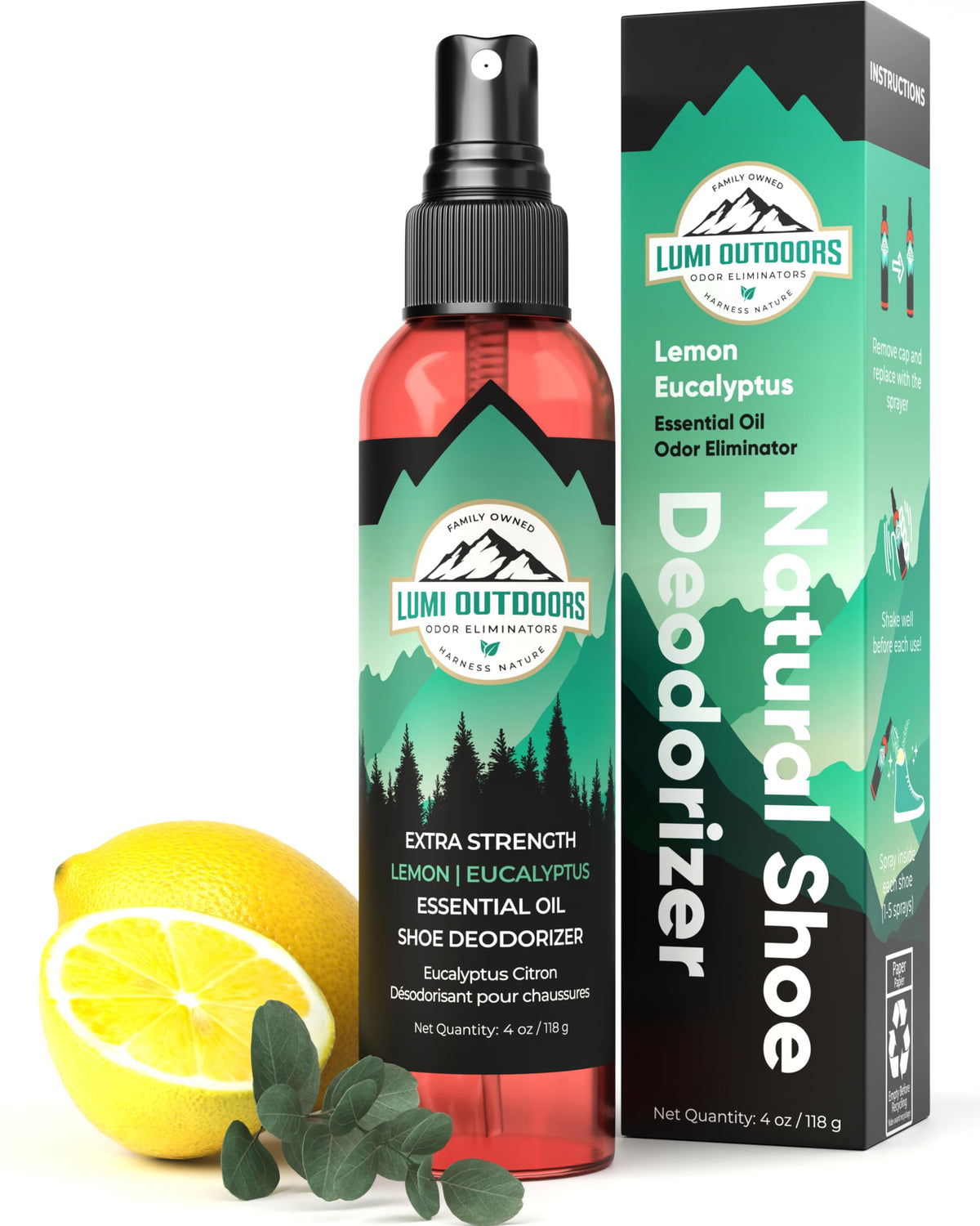 Lumi Outdoors natural shoe deodorizer spray bottle delivering fresh scent for daily wear