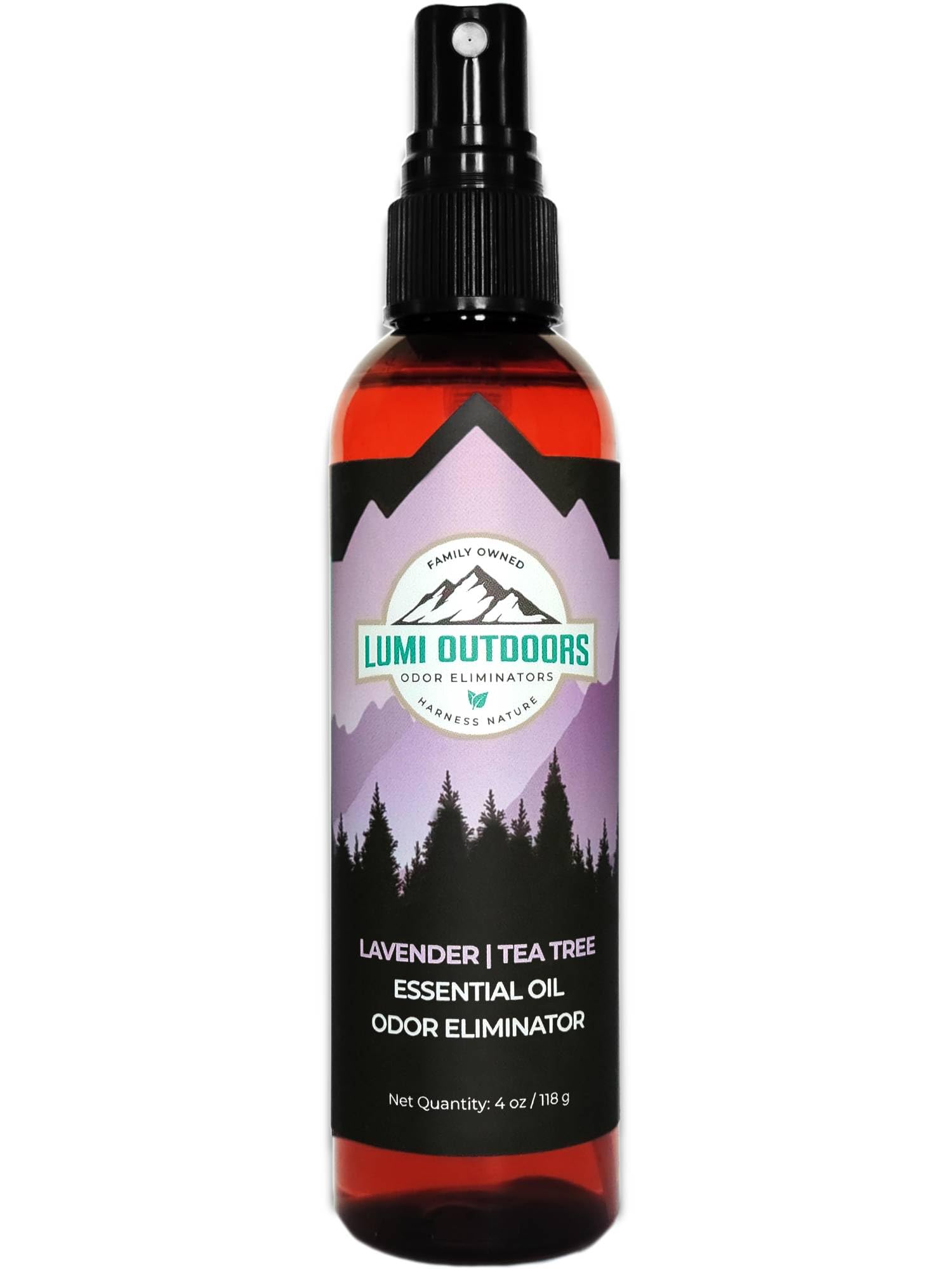 Lumi Outdoors natural shoe deodorizer bottle with lavender tea tree scent for fresh footwear.
