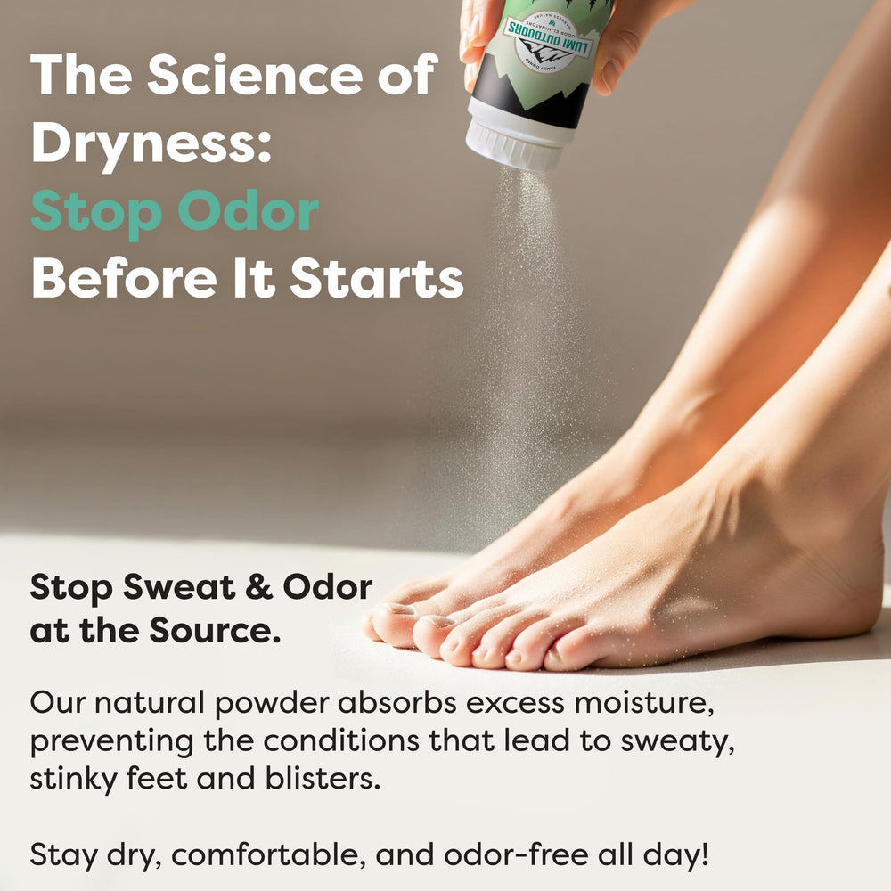 Dusting Lumi Outdoors shoe odor eliminator inside a sneaker for odor reduction.