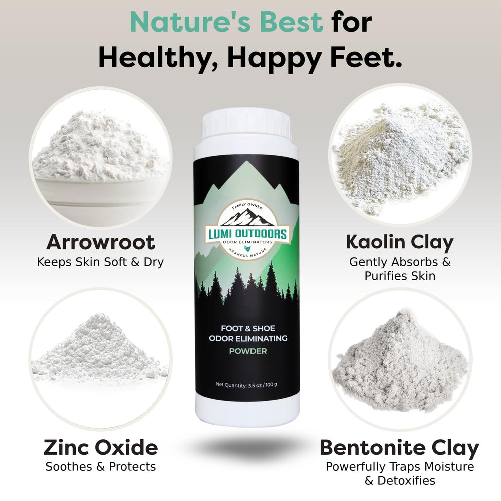 Lumi Outdoors talc-free powder packaging sits ready for daily freshness.