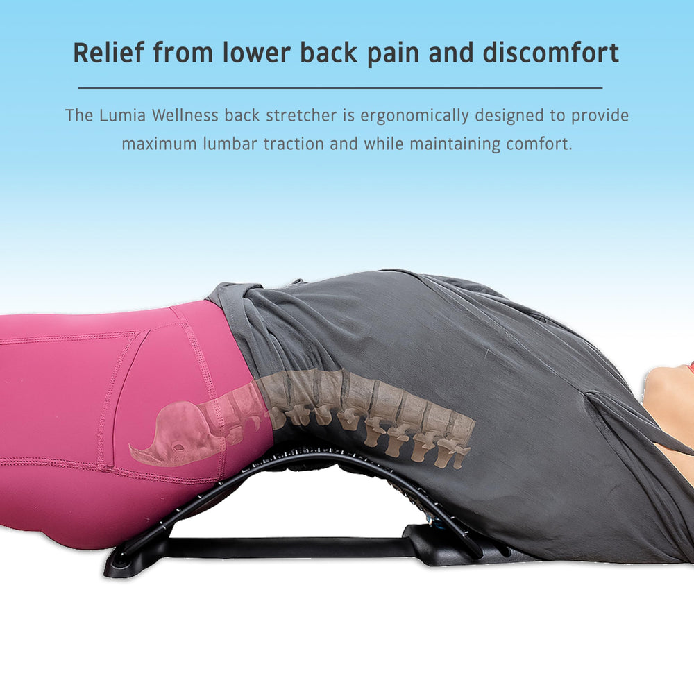 Lumia Wellness back stretcher close-up acupressure points targeting muscle tension relief.