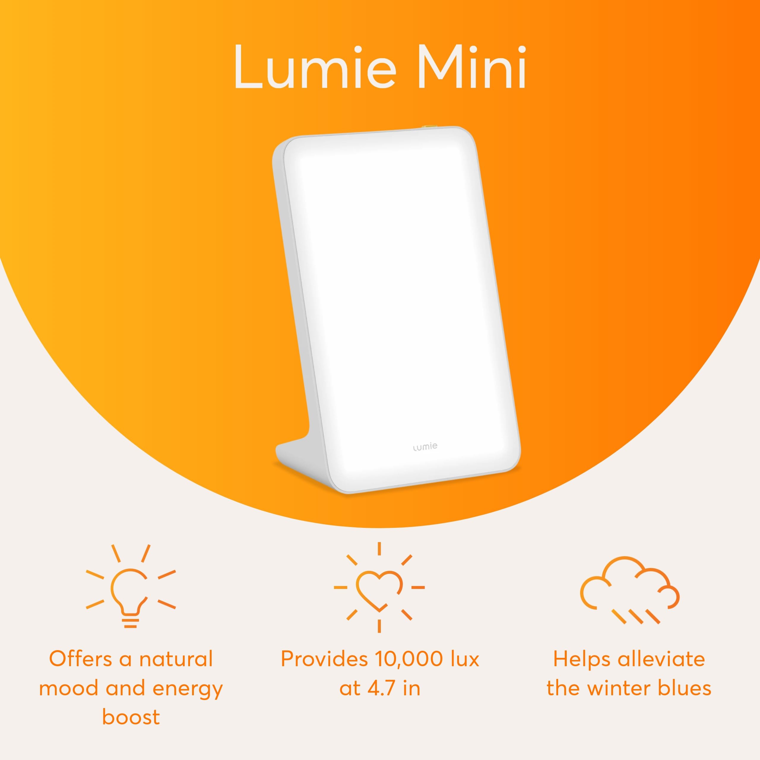 Lumie Mini Lamp angled on a bedside table for desk or dorm use with bright light