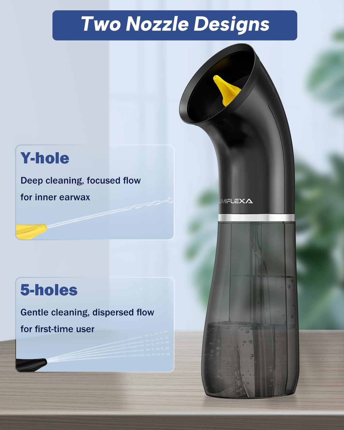 Lumiflexa eight-soft-nozzle set supports comfortable ear care.
