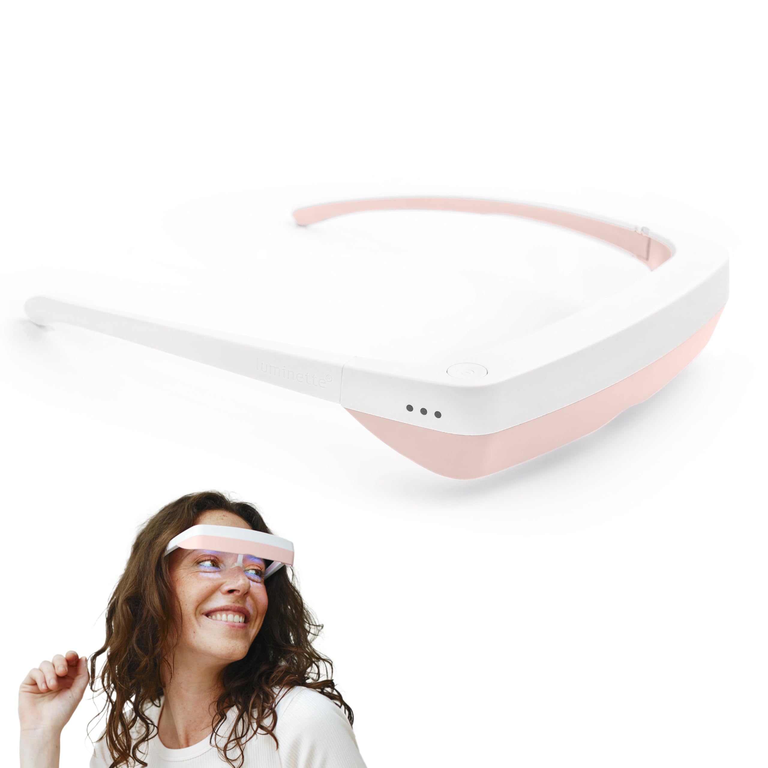 Luminette 3 light therapy glasses worn on the nose delivering portable light exposure for daily routines