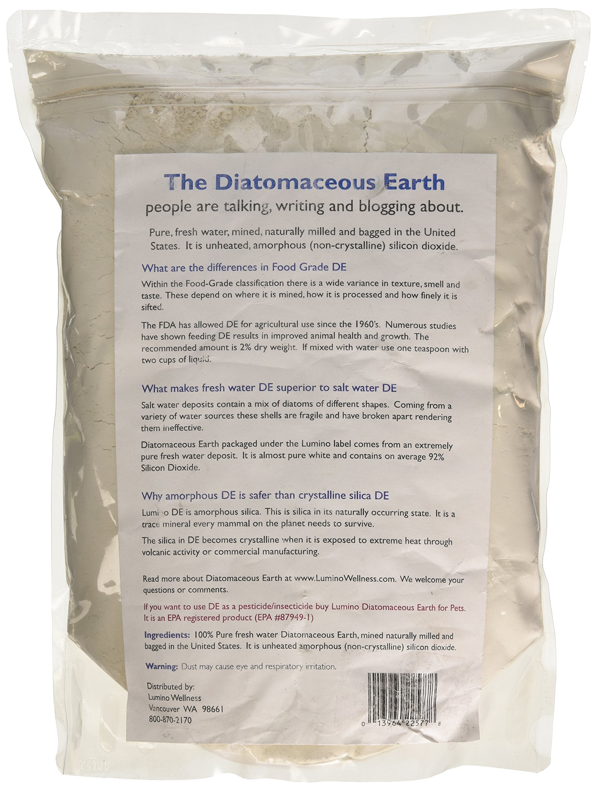 Lumino Home diatomaceous earth, pure white grains close-up, suitable for general non-medical tasks.