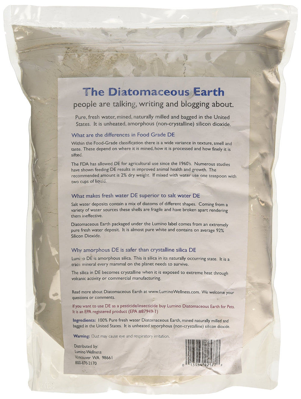 Lumino Home diatomaceous earth, pure white grains close-up, suitable for general non-medical tasks.