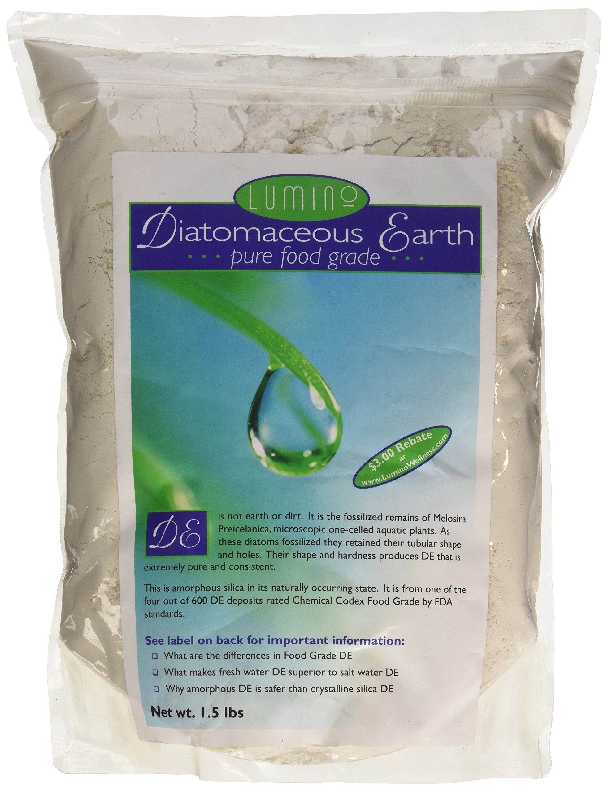 Lumino Home food grade diatomaceous earth powder in a bag, ideal for safe household use.