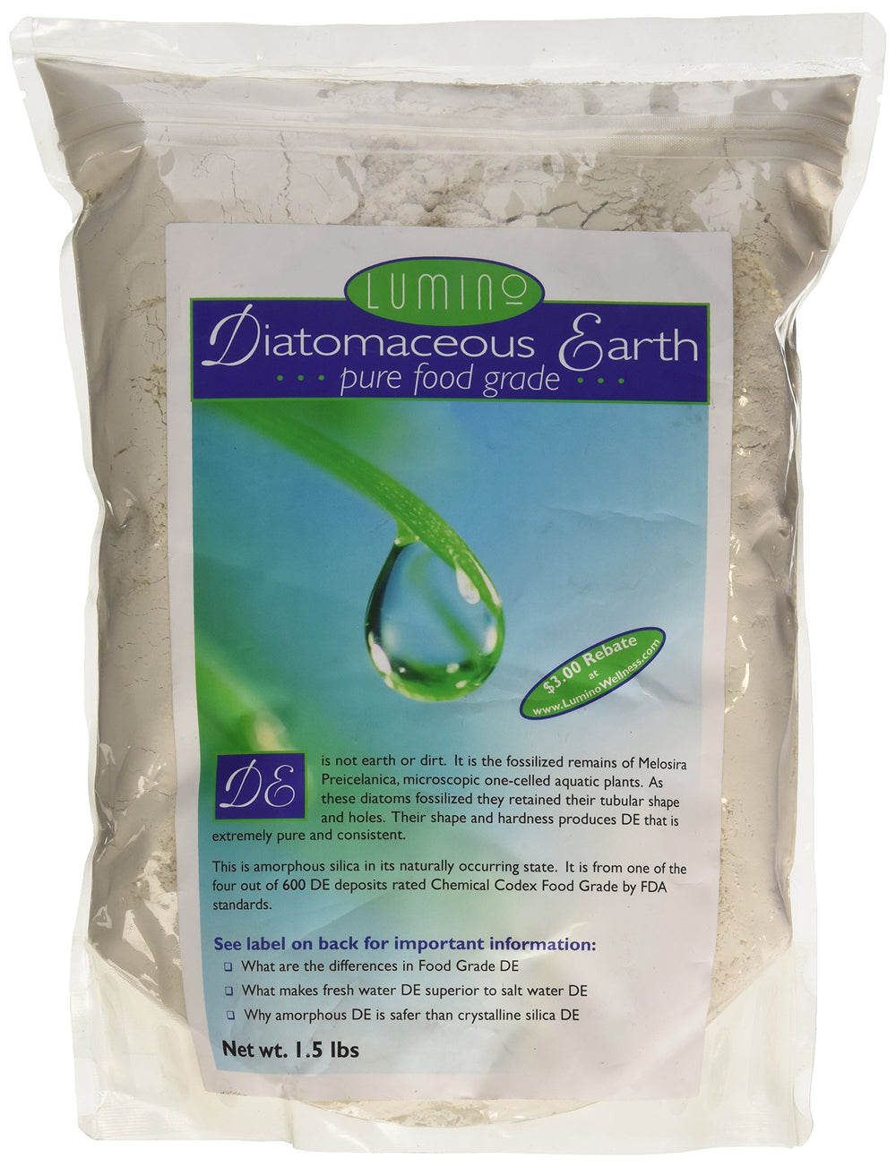 Lumino Home food grade diatomaceous earth powder in a bag, ideal for safe household use.