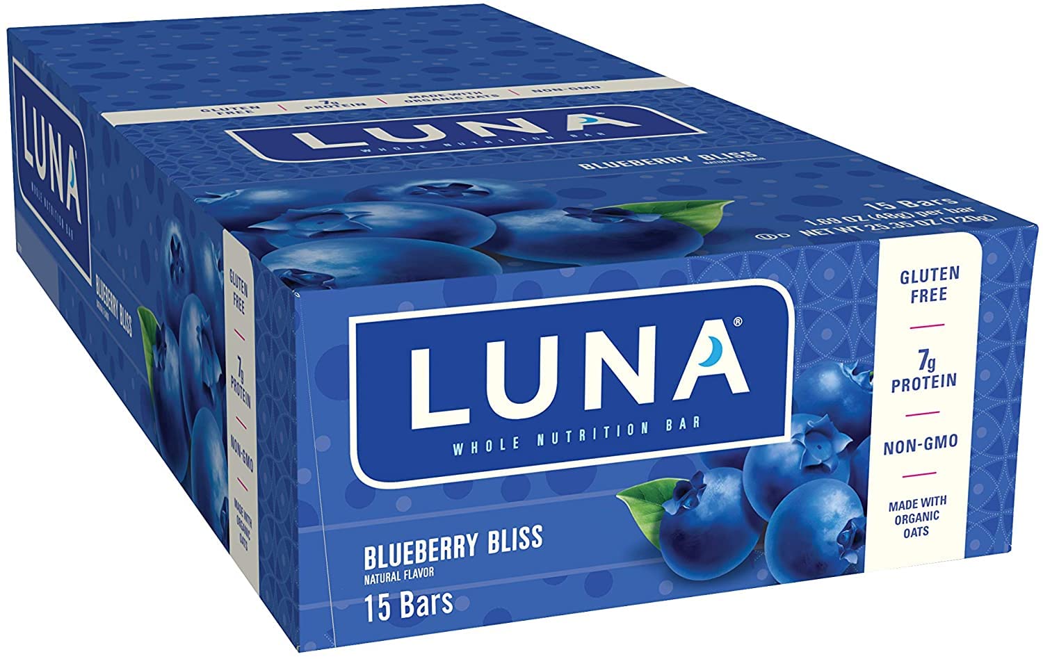LUNA Bar Blueberry Bliss nutrition label highlights 7g protein for steady energy.