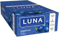LUNA Bar Blueberry Bliss nutrition label highlights 7g protein for steady energy.