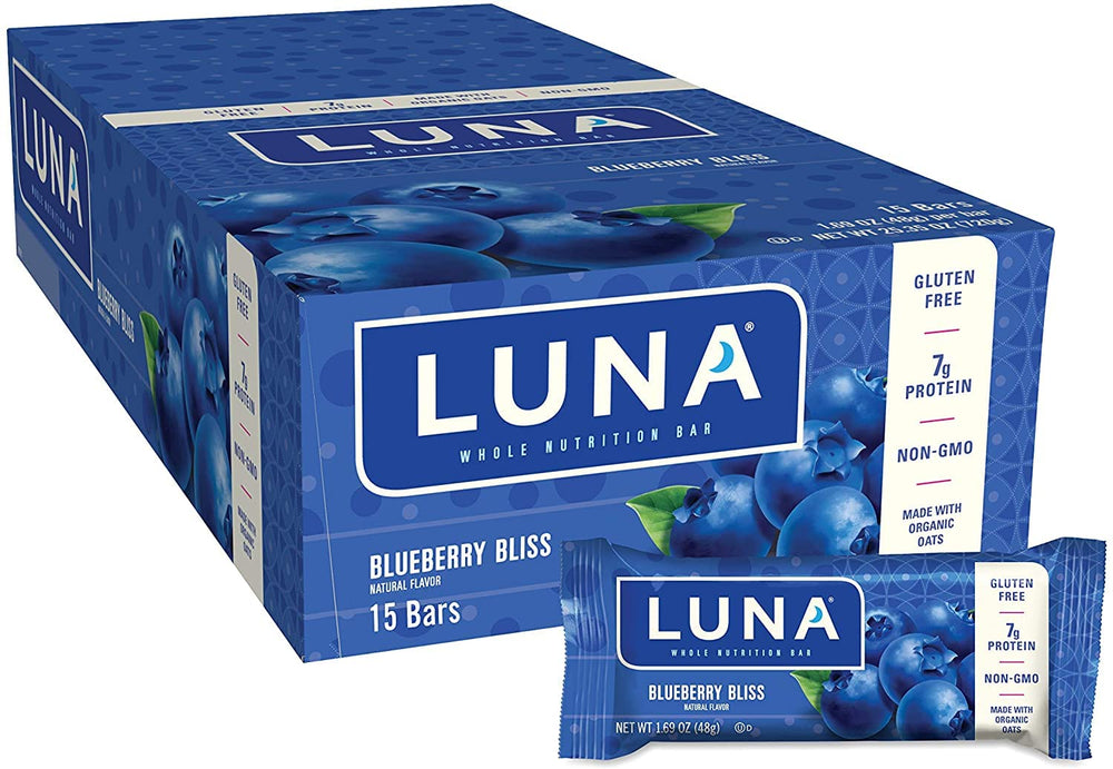 LUNA Bar Blueberry Bliss packaging showcases gluten-free, plant-based snacking for busy days.